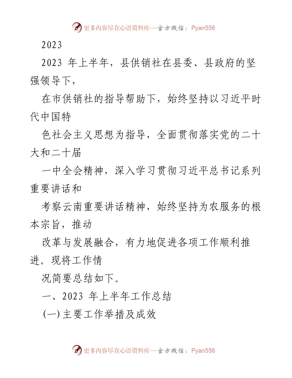 [工作总结] 供销社 - 2023年上半年工作总结与成效分析.docx_第1页
