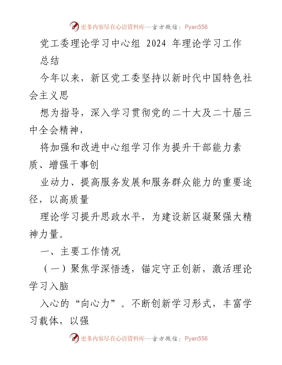 [工作总结] 党工委理论学习中心组 - 2024年理论学习工作总结与成效分析.docx_第1页