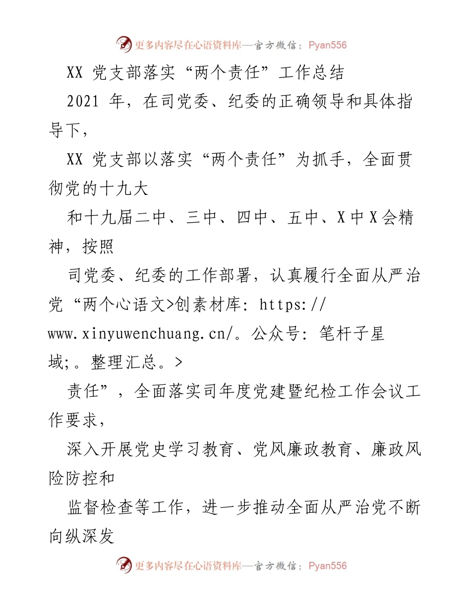 [工作总结] 党建工作 - XX党支部落实“两个责任”工作总结_1.docx_第1页