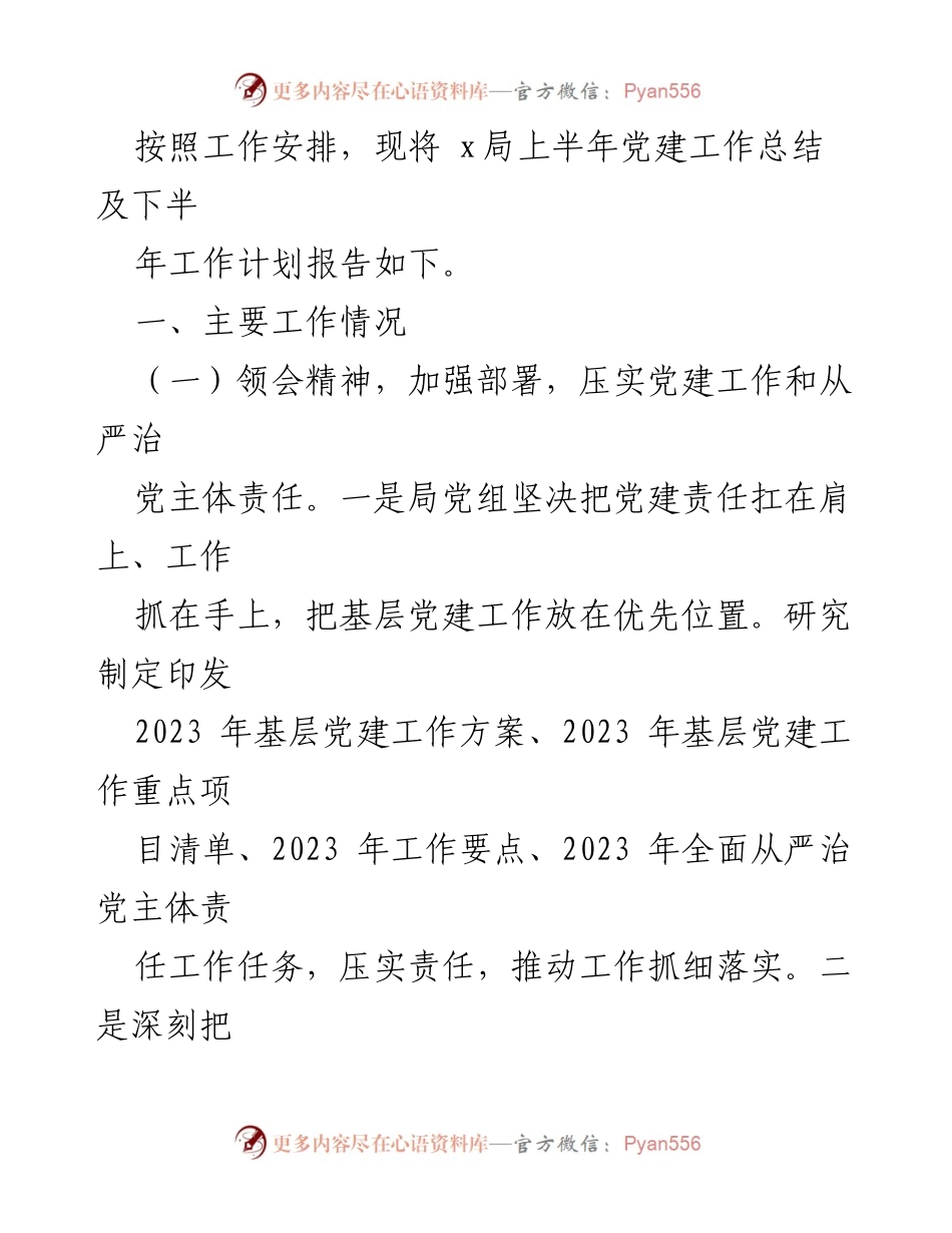 [工作总结] 党建工作 - x局2023年上半年党建工作总结及下半年工作计划报告.docx_第1页