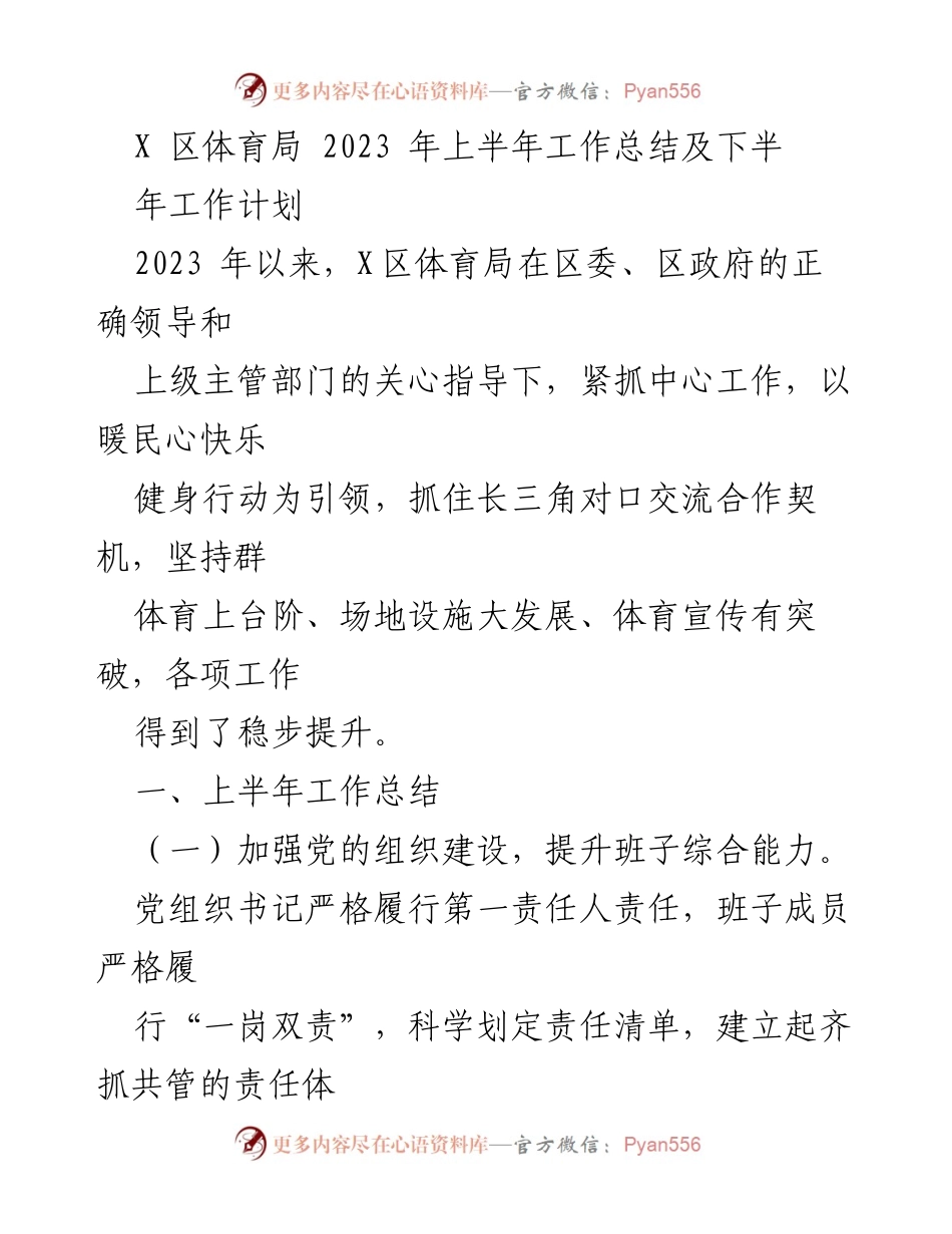 [工作总结] 体育局 - 2023年上半年工作总结与下半年计划.docx_第1页