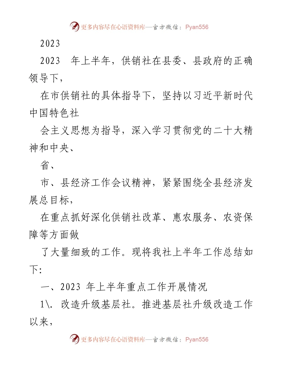 [工作总结] 供销社 - 2023年上半年供销社工作总结报告.docx_第1页