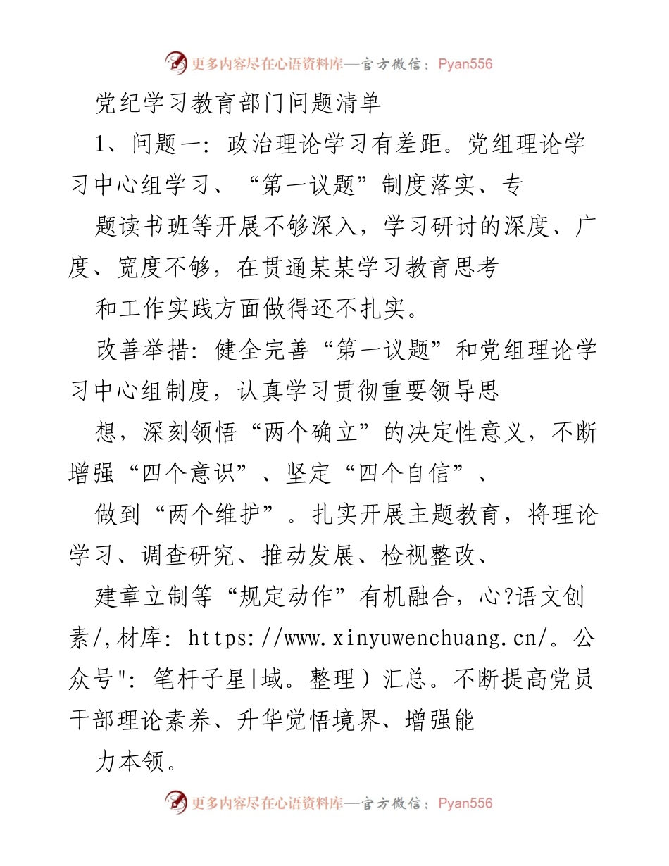 [工作总结] 党内监督 - 党纪学习教育部门问题及改进措施总结.docx_第1页