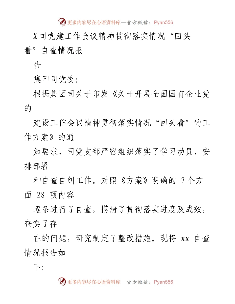 [工作总结] 党建工作会议 - 党建工作会议精神贯彻落实情况自查报告.docx_第1页