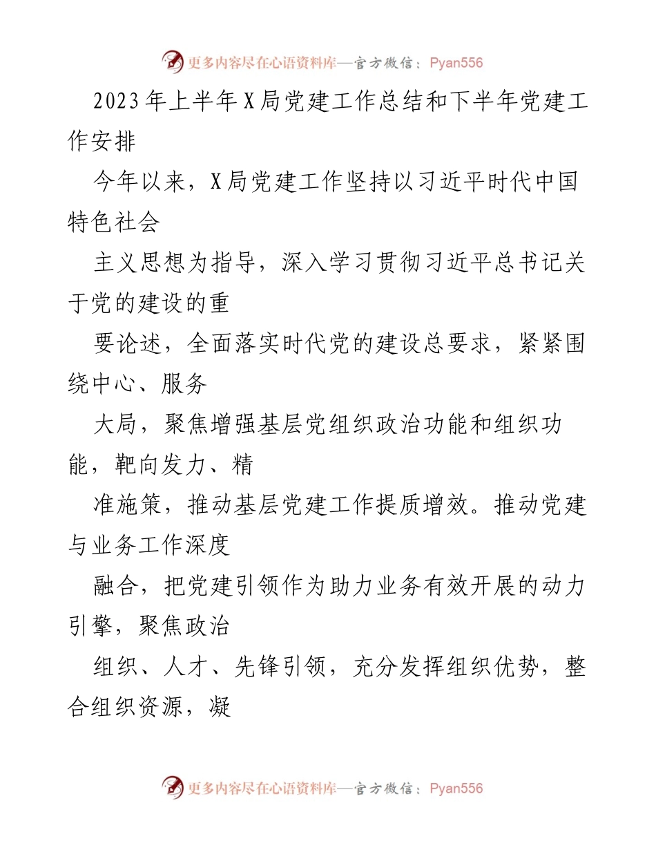 [工作总结] 党建工作 - 2023年上半年X局党建工作总结与下半年安排.docx_第1页