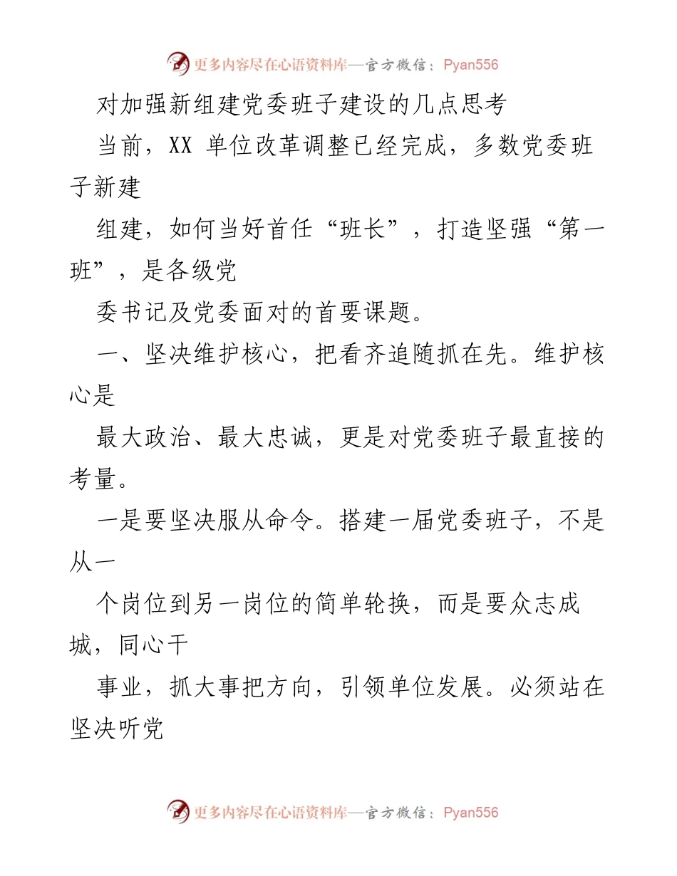 [工作总结] 党委班子建设 - 加强新组建党委班子建设的思考与实践.docx_第1页