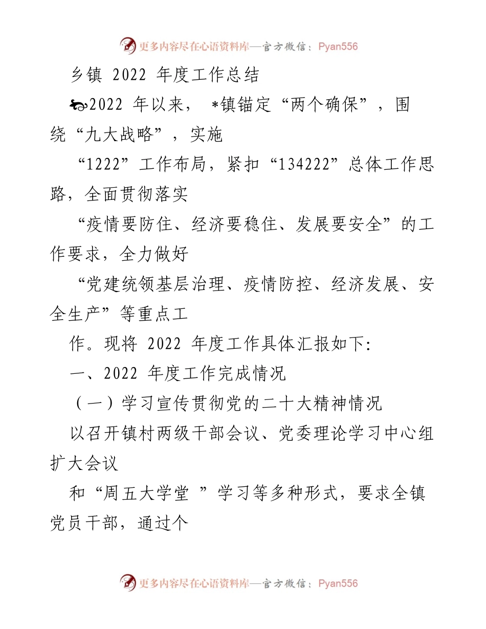 [工作总结] 乡镇年度工作 - 2022年度乡镇工作总结与成就报告.docx_第1页