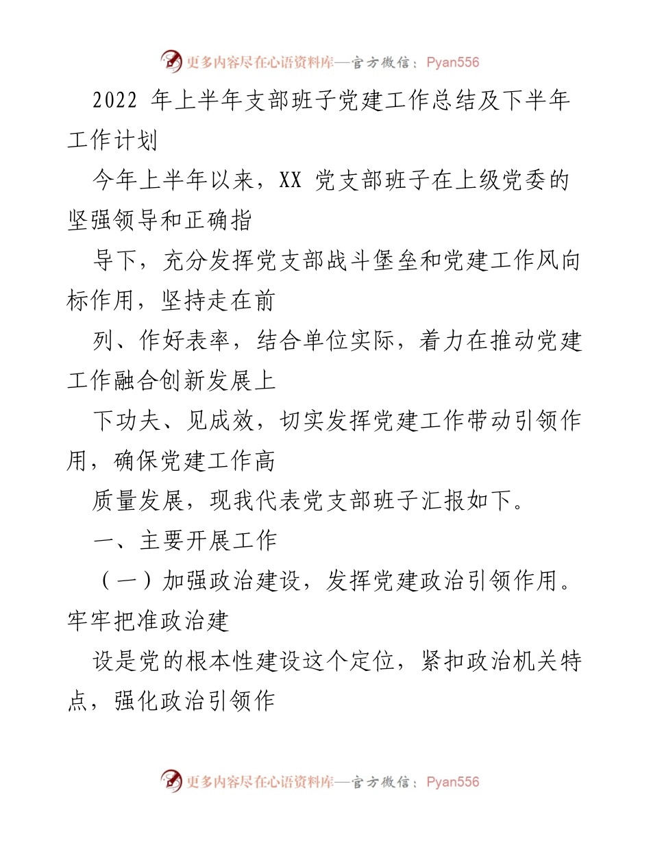 [工作总结] 党建工作 - 2022年上半年支部班子党建工作总结及下半年工作计划.docx_第1页