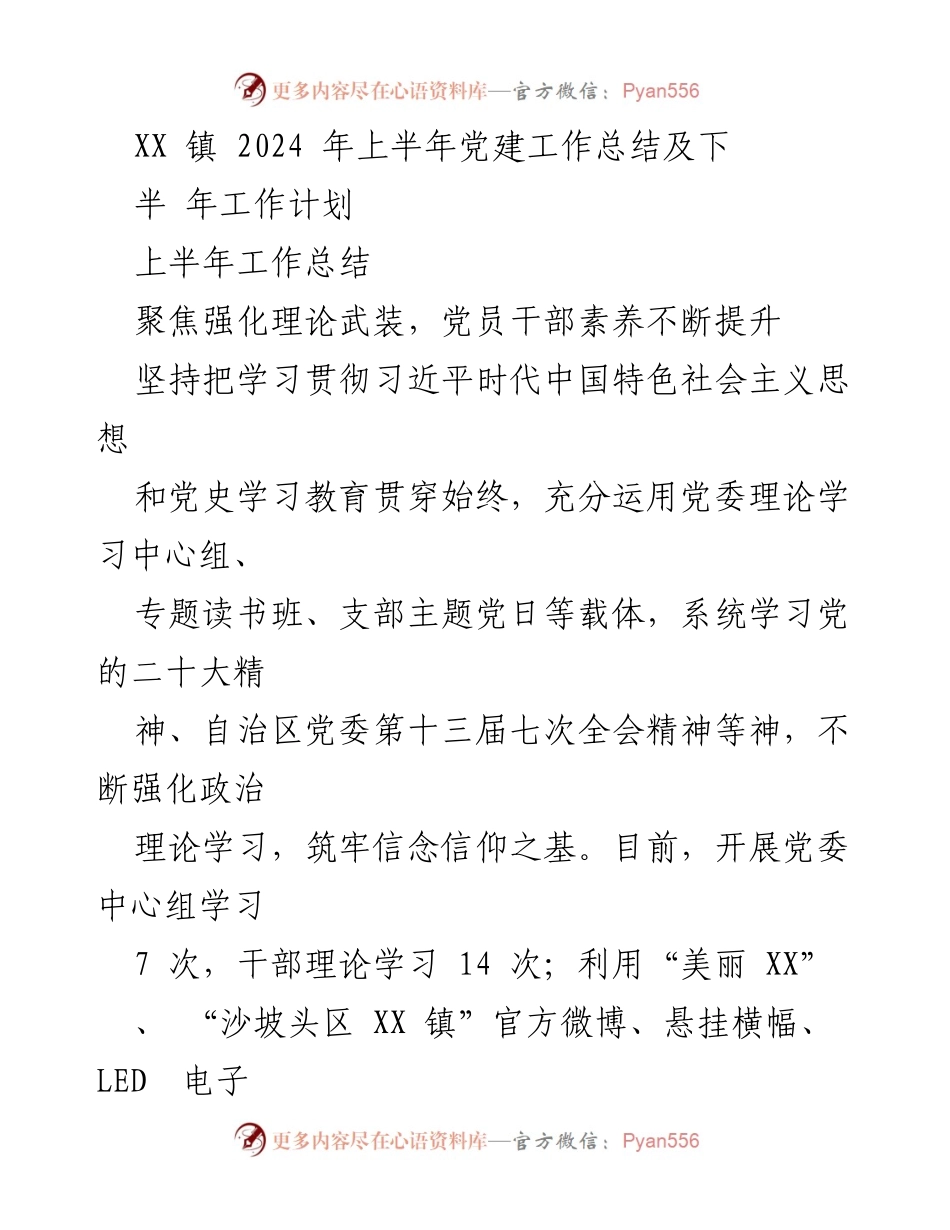 [工作总结] 党建工作 - XX 镇2024年上半年党建工作总结及下半年工作计划.docx_第1页