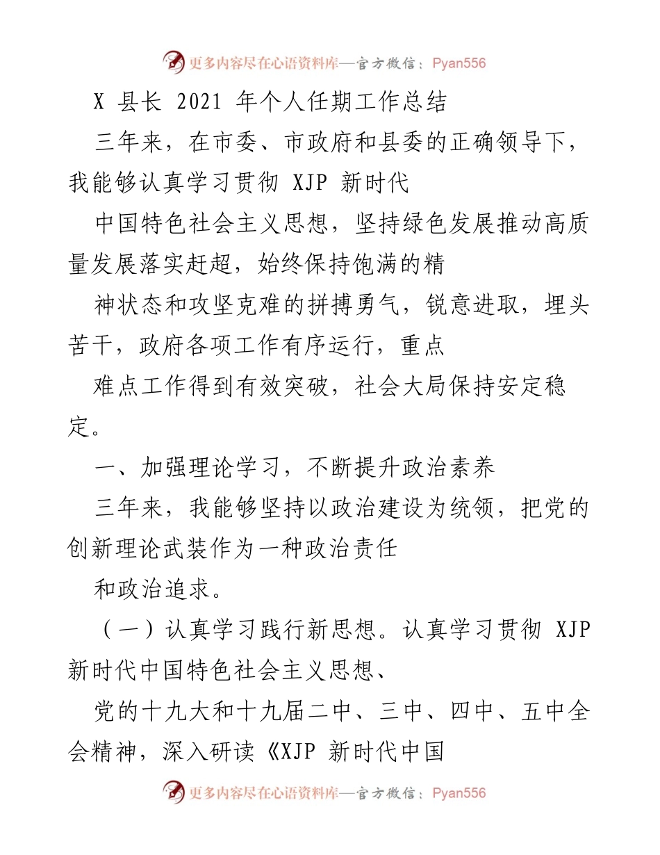 [工作总结] 任期总结 - X县长2021年任期工作总结与政治素养提升.docx_第1页