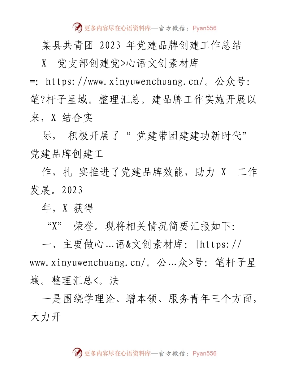 [工作总结] 党建品牌创建 - 某县共青团2023年党建品牌创建工作总结.docx_第1页