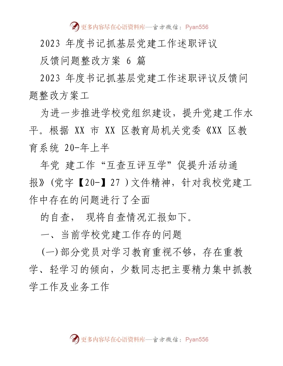[工作总结] 书记抓基层党建工作述职评议 - 2023年度党建工作问题整改方案.docx_第1页
