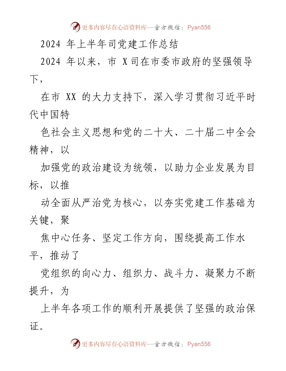 [工作总结] 党建工作 - 2024年上半年市X司党建工作总结与提升措施.docx_第1页