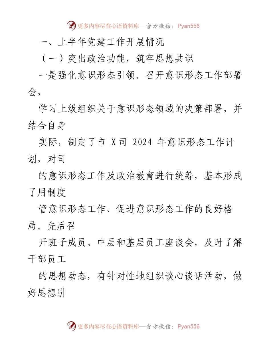 [工作总结] 党建工作 - 2024年上半年市X司党建工作总结与提升措施.docx_第2页