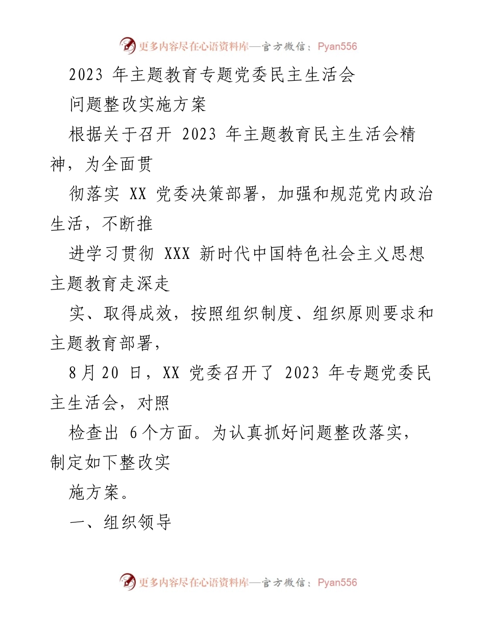 [工作总结] 党委民主生活会 - 2023年主题教育整改实施方案.docx_第1页