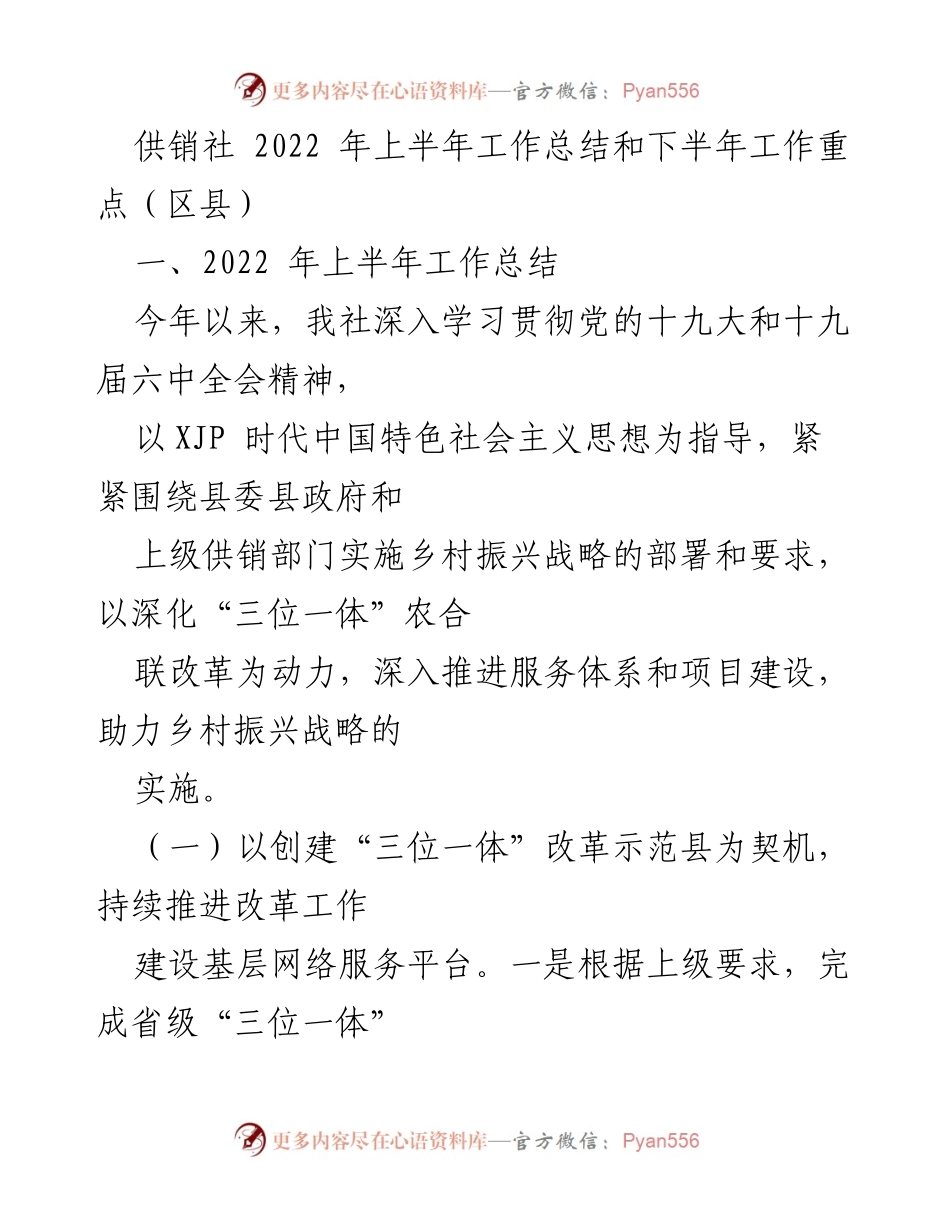 [工作总结] 供销社 - 2022年上半年工作总结与下半年工作重点_1.docx_第1页