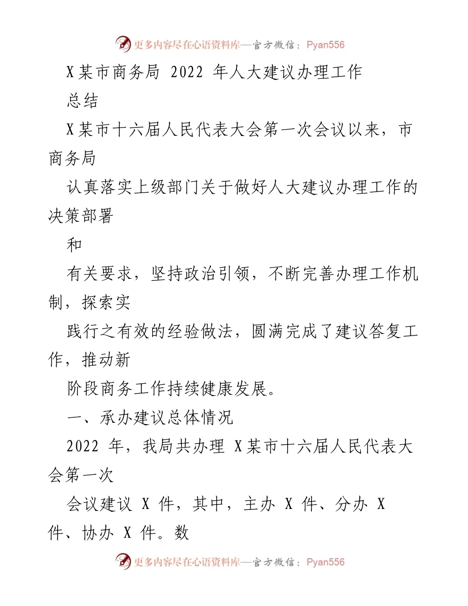 [工作总结] 人大建议办理工作 - X市商务局2022年人大建议办理工作总结.docx_第1页
