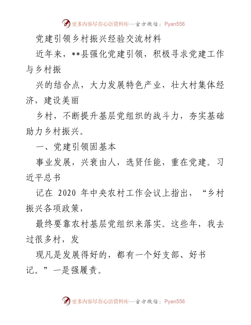 [工作总结] 党建与乡村振兴交流会 - 党建引领乡村振兴的实践经验与思考.docx_第1页