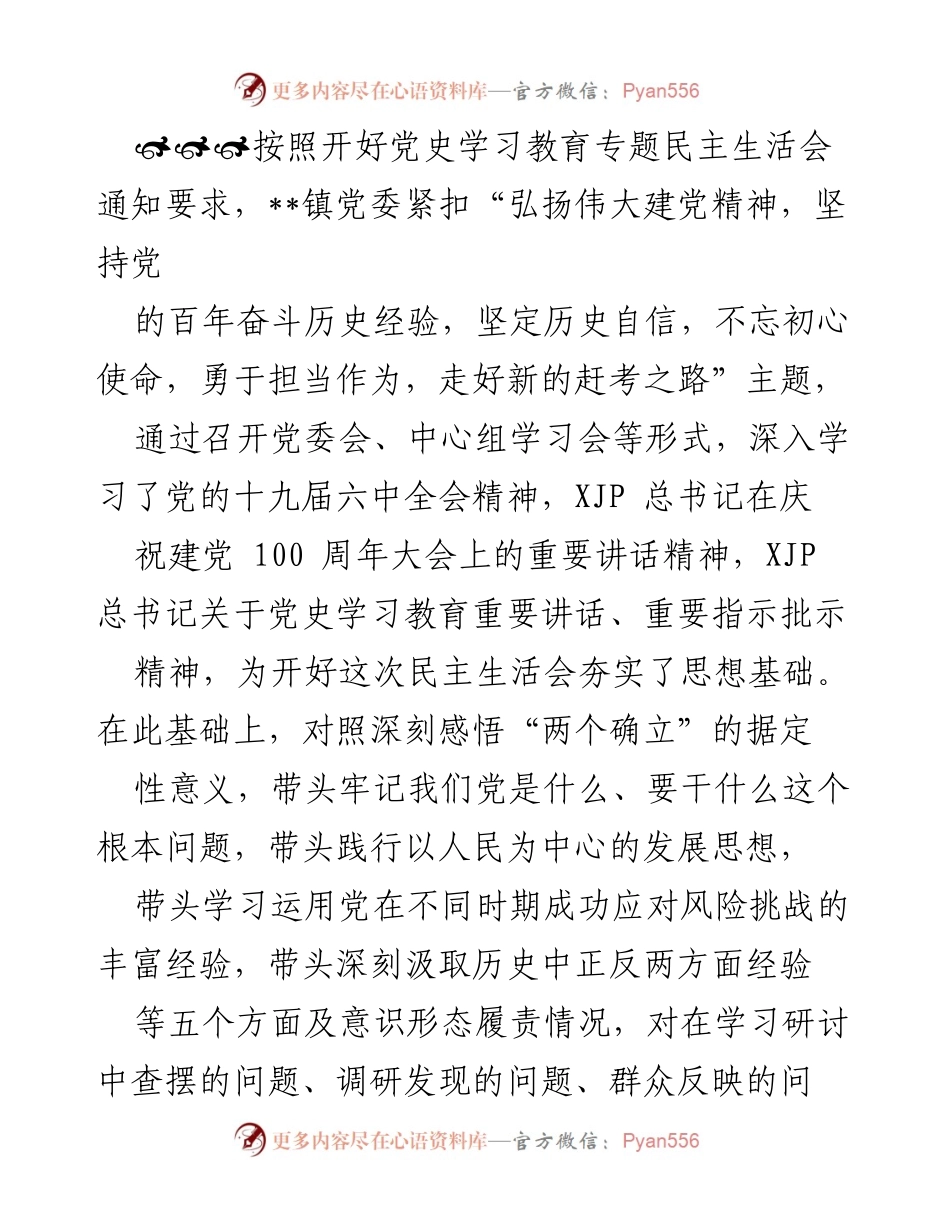 [工作总结] 党史学习教育专题民主生活会 - 深入学习党的理论，查摆问题，落实整改措施.docx_第1页