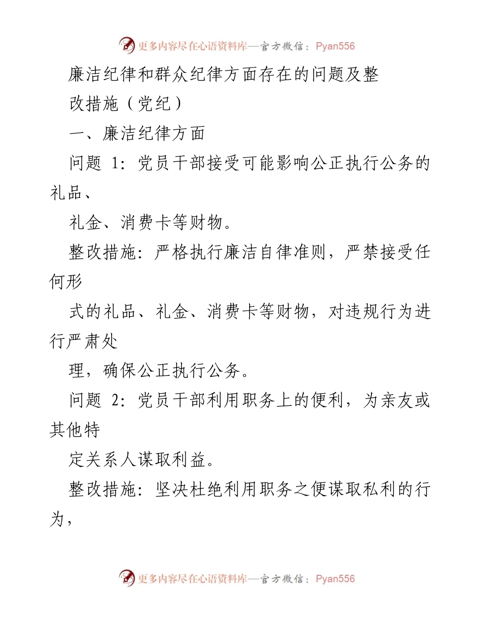 [工作总结] 党内纪律整治 - 党员干部廉洁与群众纪律问题及整改措施.docx_第1页