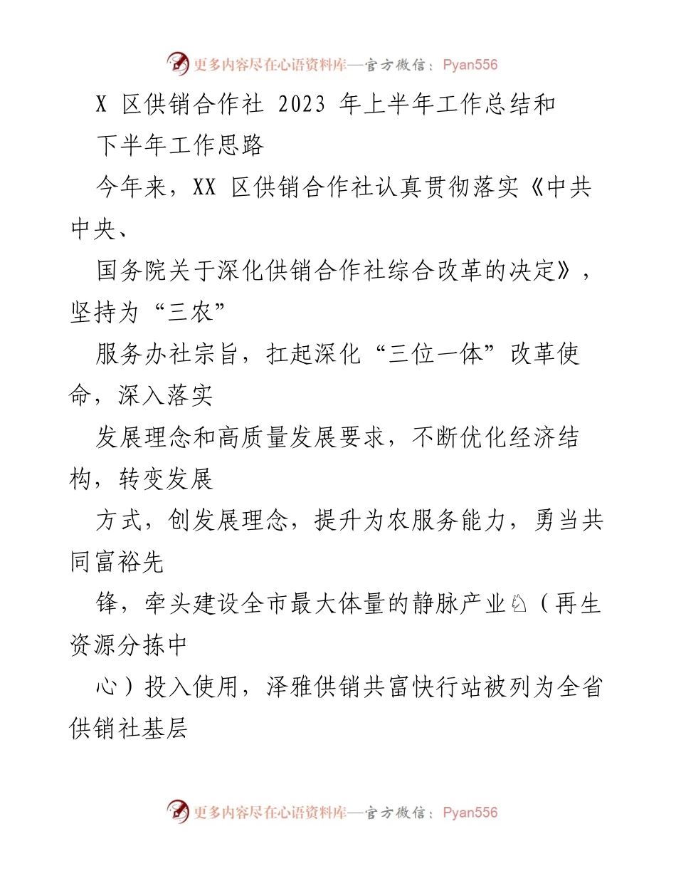 [工作总结] 供销合作社 - 2023年上半年工作总结与下半年工作思路.docx_第1页
