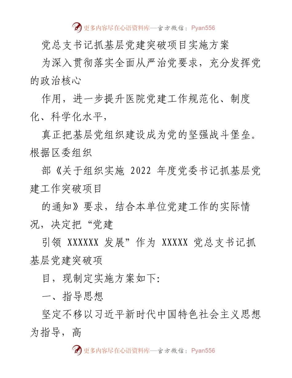 [工作总结] 党建工作会议 - 党总支书记抓基层党建突破项目实施方案.docx_第1页