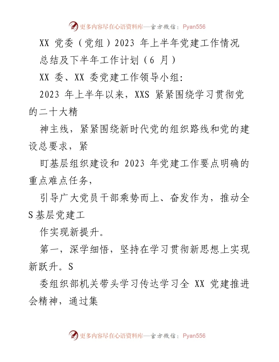 [工作总结] 党建工作会议 - 2023年上半年党建工作总结及下半年计划.docx_第1页