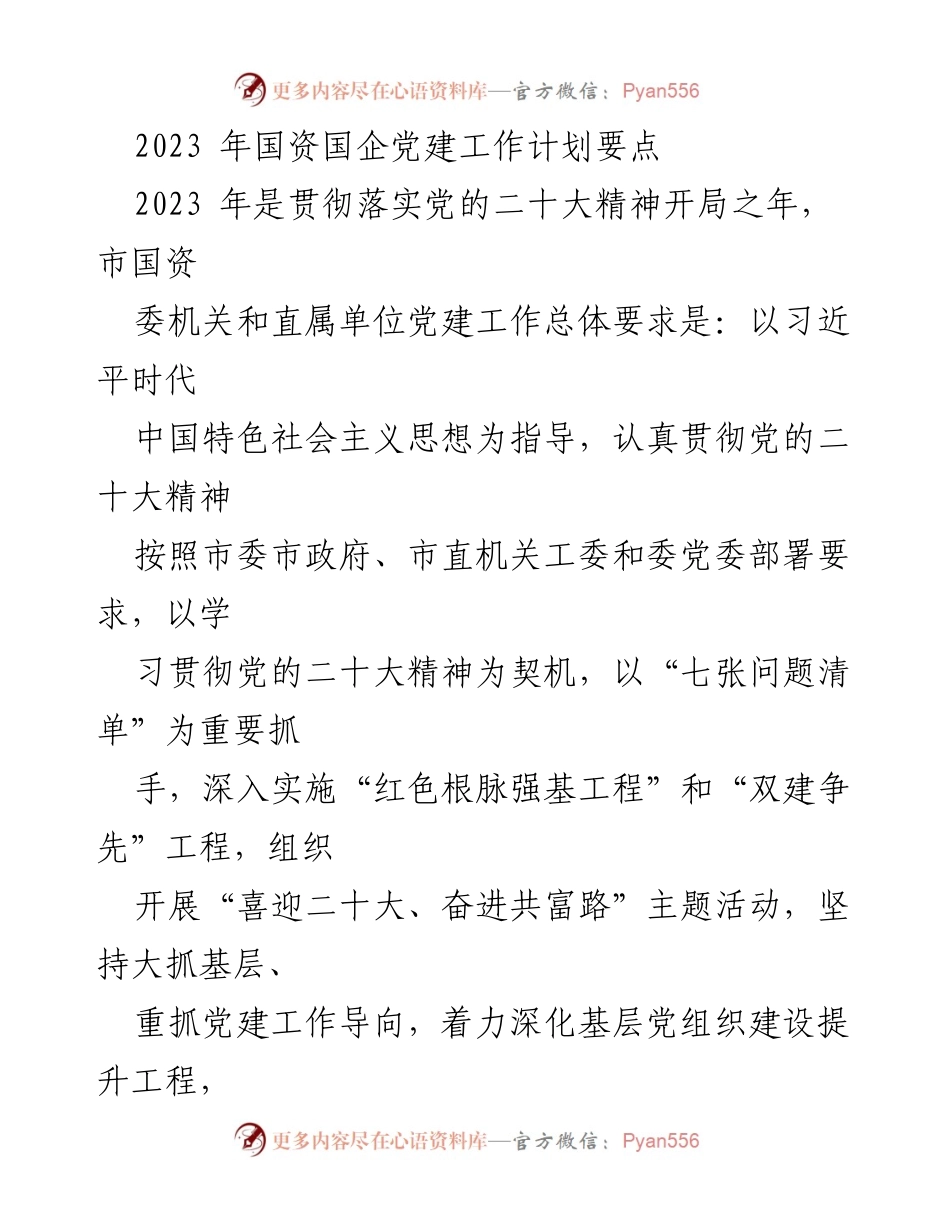 [工作总结] 党建工作会议 - 2023年国资国企党建工作计划要点解析.docx_第1页
