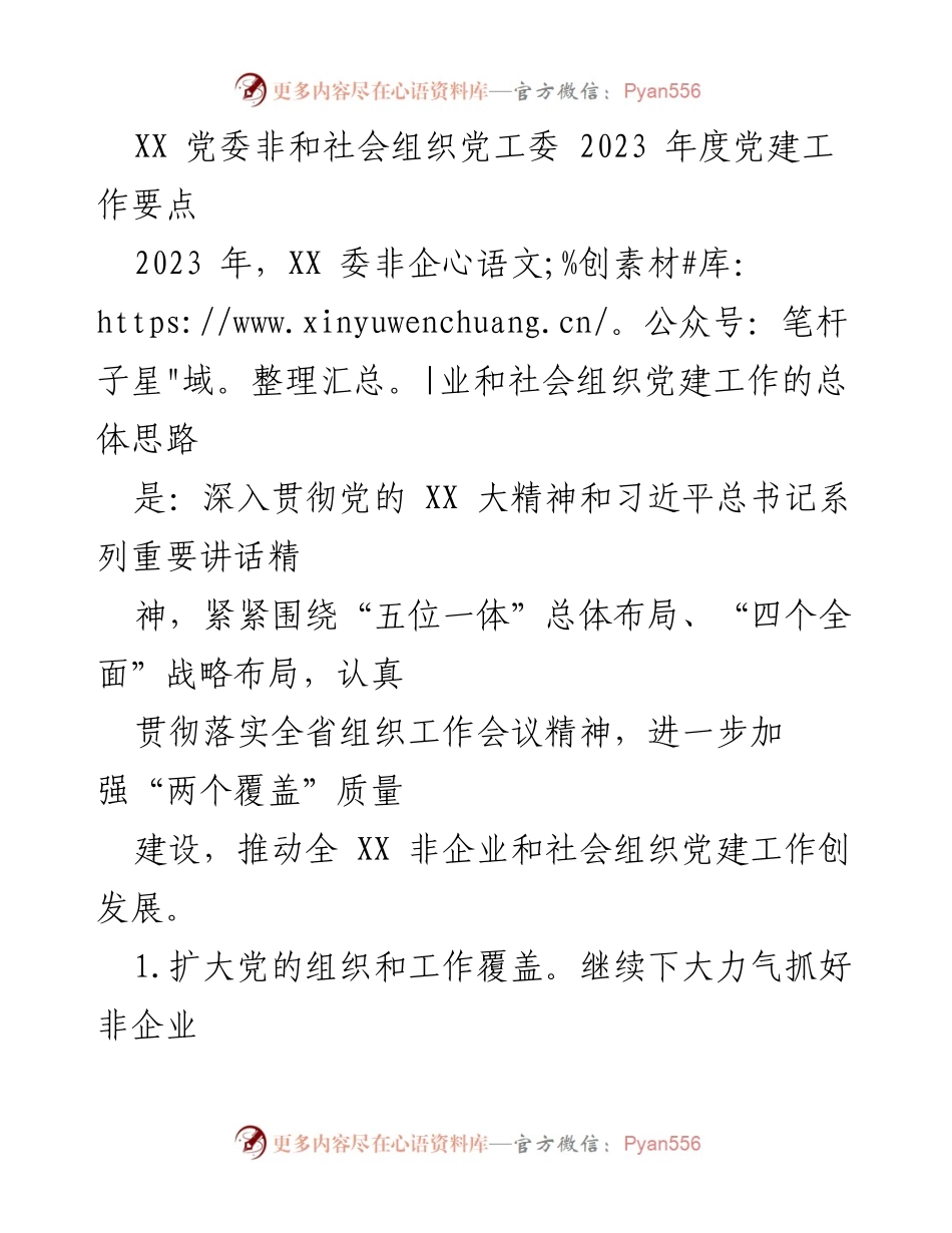 [工作总结] 党建工作会议 - 2023年度非企业和社会组织党建工作要点.docx_第1页
