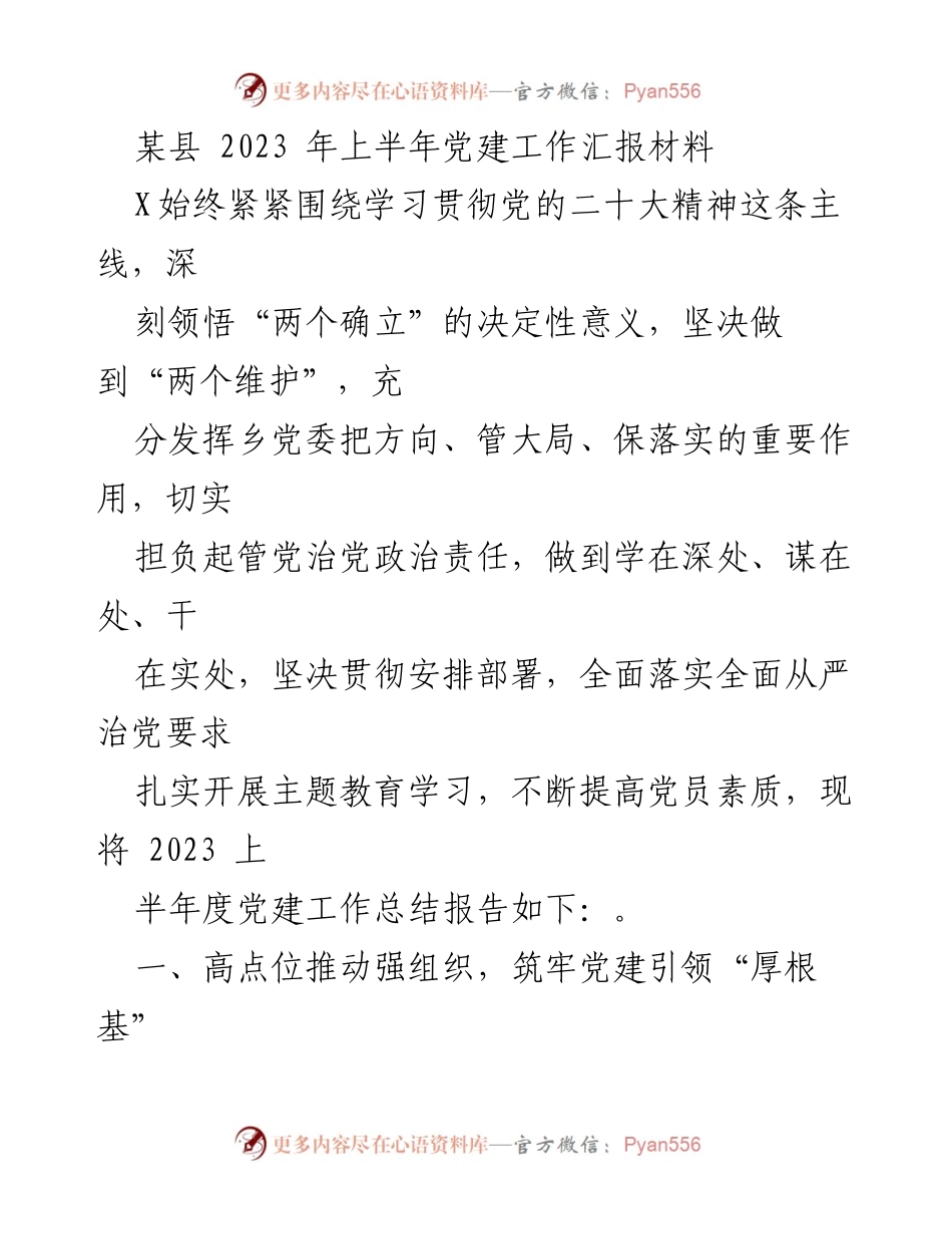 [工作总结] 党建工作 - 2023年上半年某县党建工作汇报材料.docx_第1页