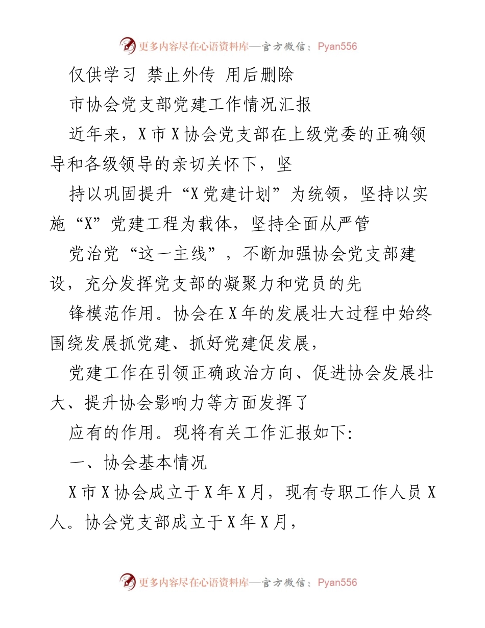 [工作总结] 党建工作 - X市X协会党支部党建工作情况汇报.docx_第1页