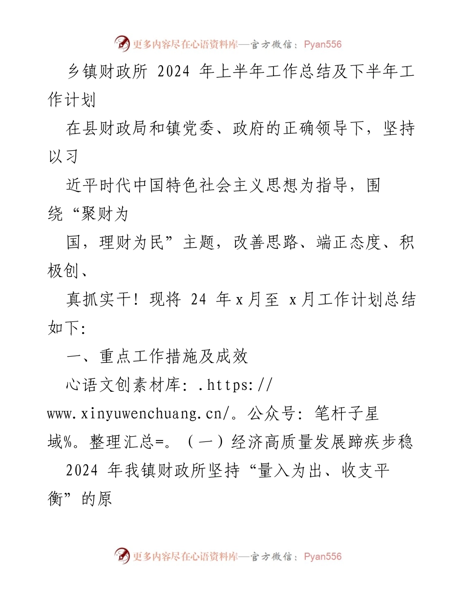 [工作总结] 乡镇财政所 - 2024年上半年工作总结及下半年工作计划.docx_第1页
