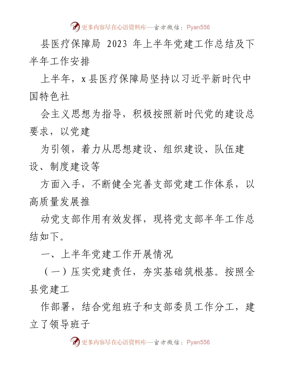 [工作总结] 党建工作 - 2023年上半年县医疗保障局党建工作总结及下半年工作安排.docx_第1页