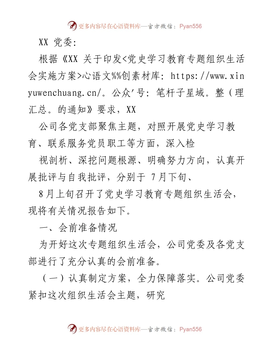 [工作总结] 党史学习教育专题组织生活会 - XX公司党史学习教育专题组织生活会情况报告.docx_第1页