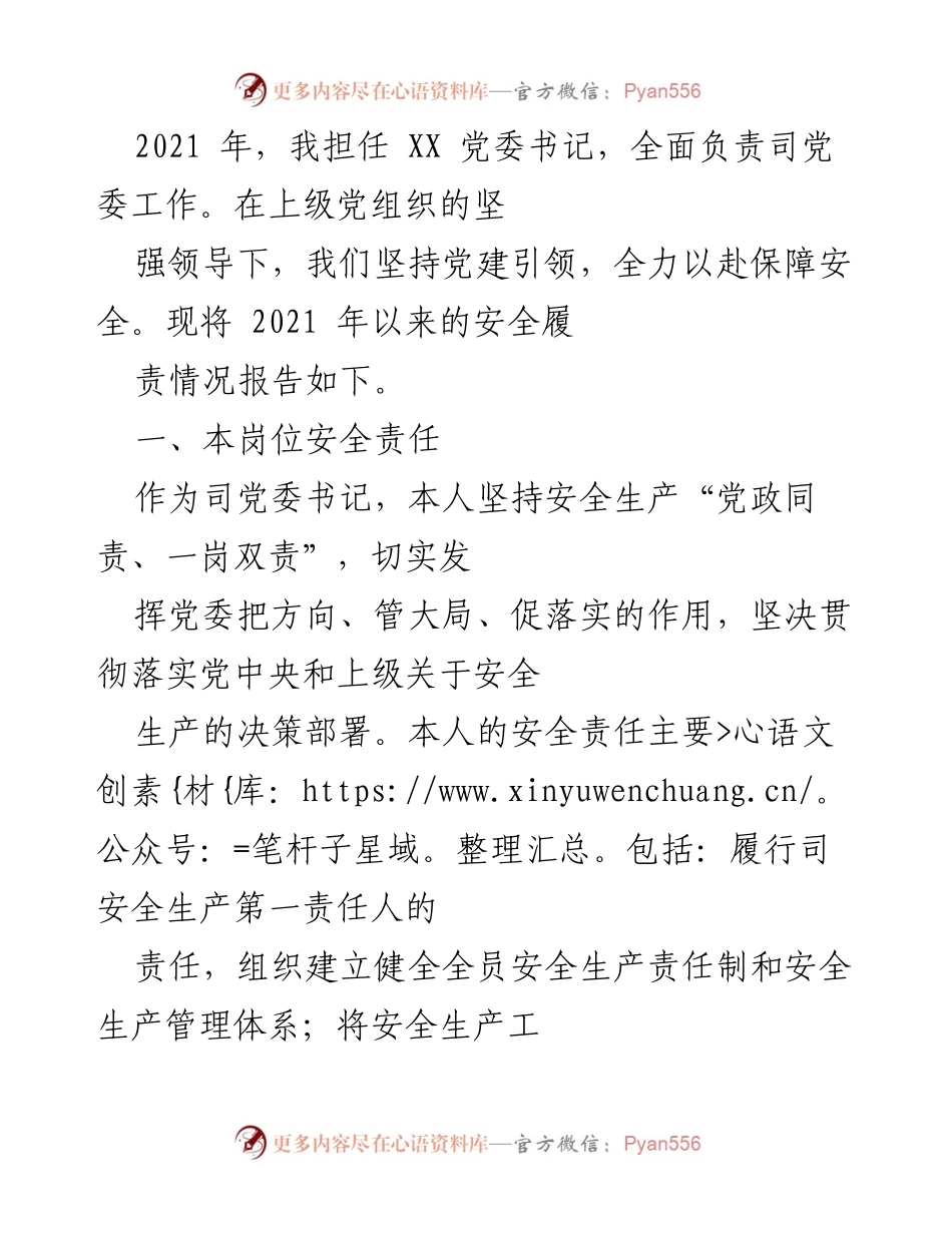 [工作总结] 党委工作 - 2021年安全履责情况总结报告_1.docx_第1页