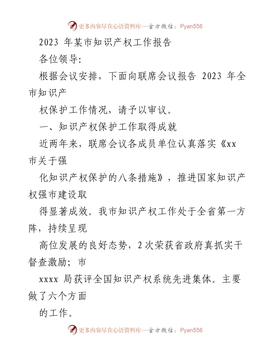 [工作总结] 会议 - 2023年某市知识产权保护工作成就报告.docx_第1页