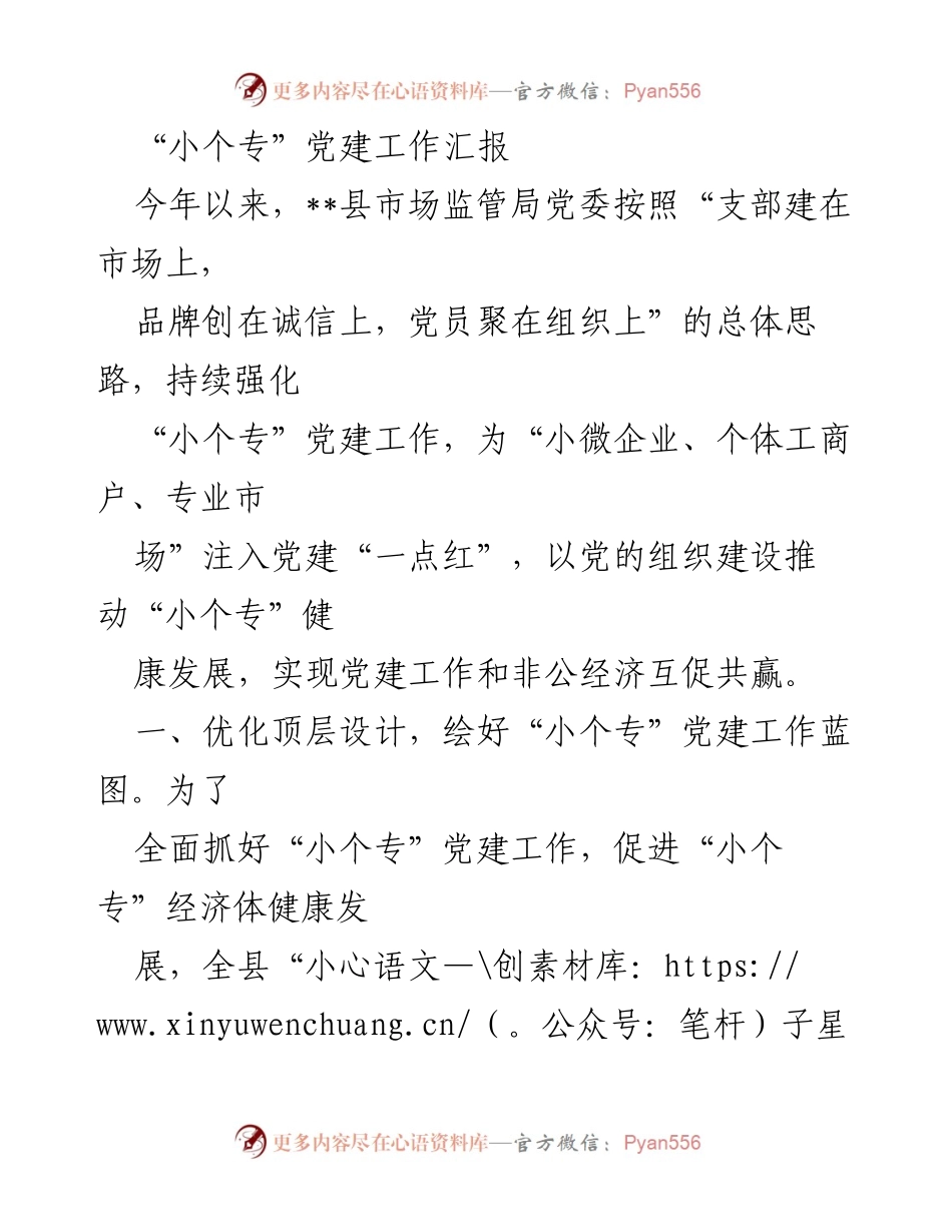 [工作总结] 党建工作 - 小个专党建工作汇报与发展策略.docx_第1页