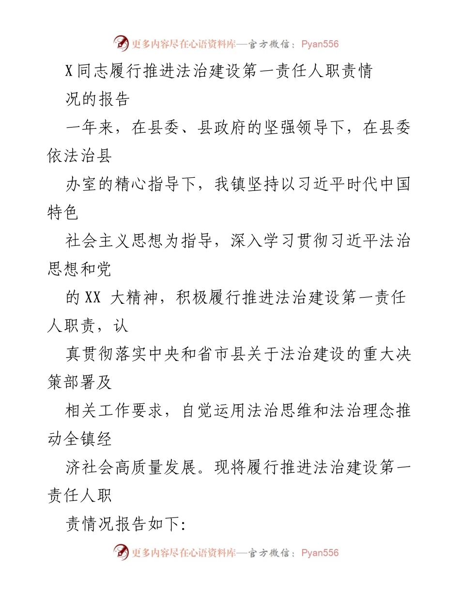 [工作总结] 乡镇法治建设 - X同志法治建设责任履行情况报告.docx_第1页