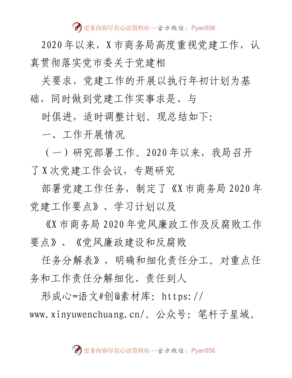 [工作总结] 党建工作 - X市商务局2020年党建工作总结与反腐败措施.docx_第1页