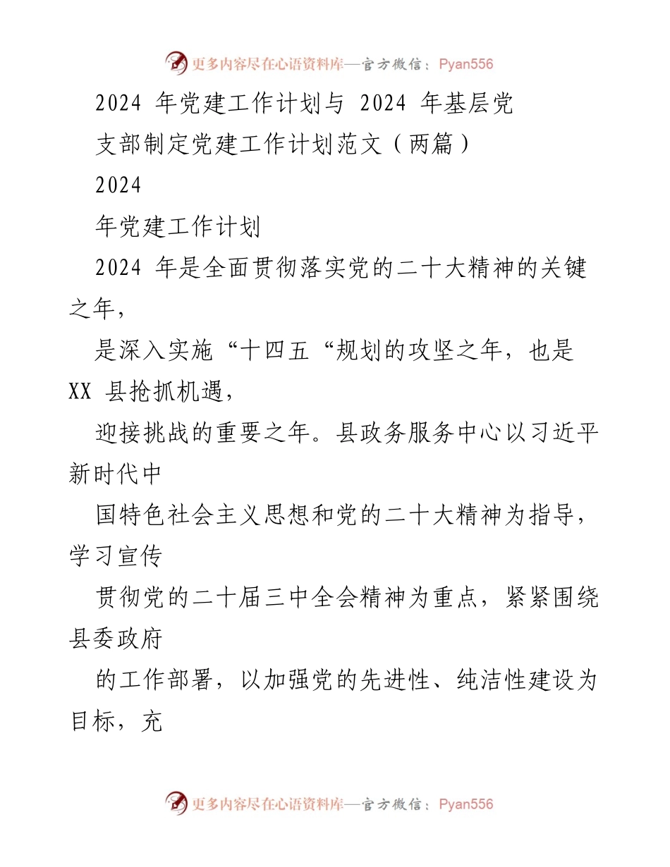 [工作总结] 党建工作 - 2024年党建工作计划与基层支部建设方案.docx_第1页