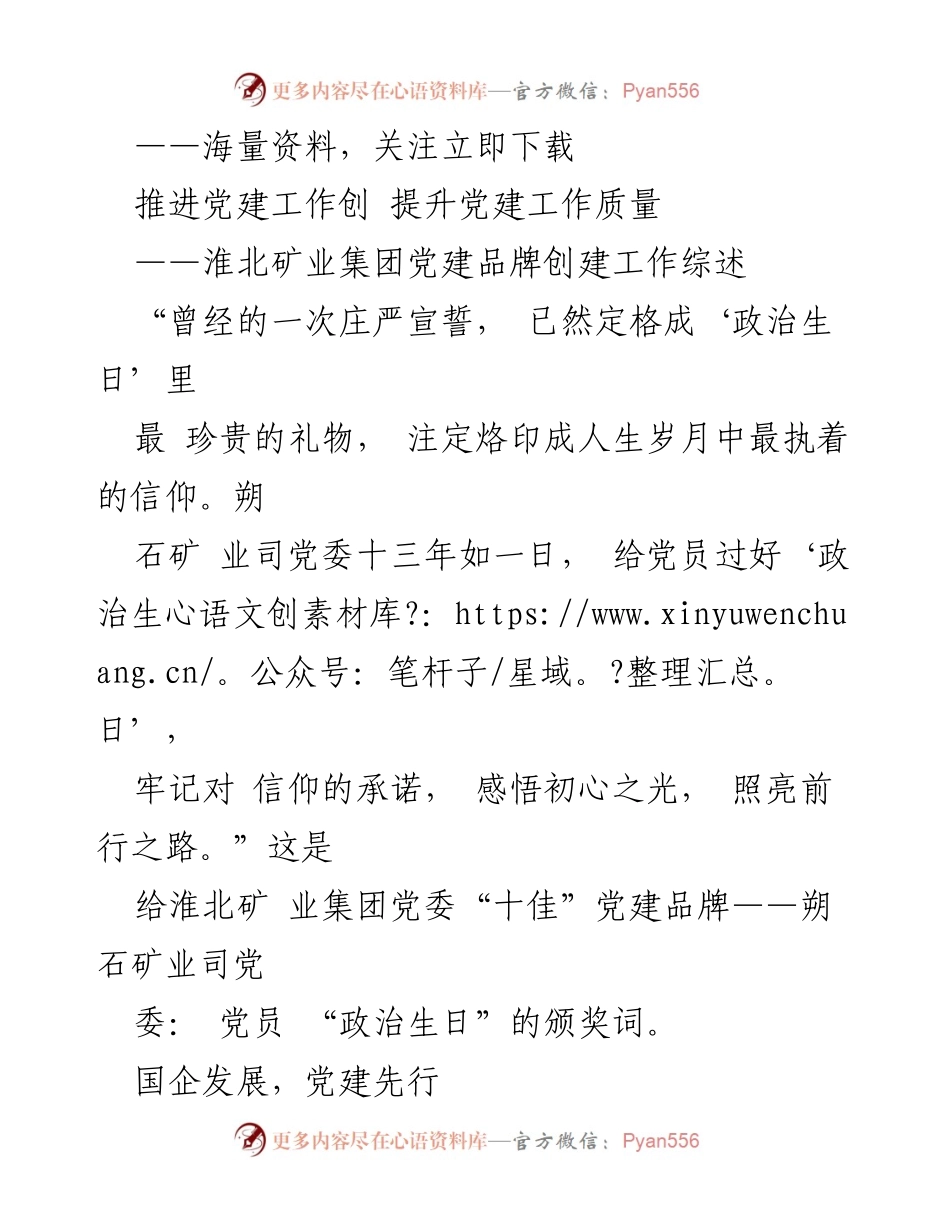 [工作总结] 党建工作 - 淮北矿业集团党建品牌创建工作总结与提升策略.docx_第1页
