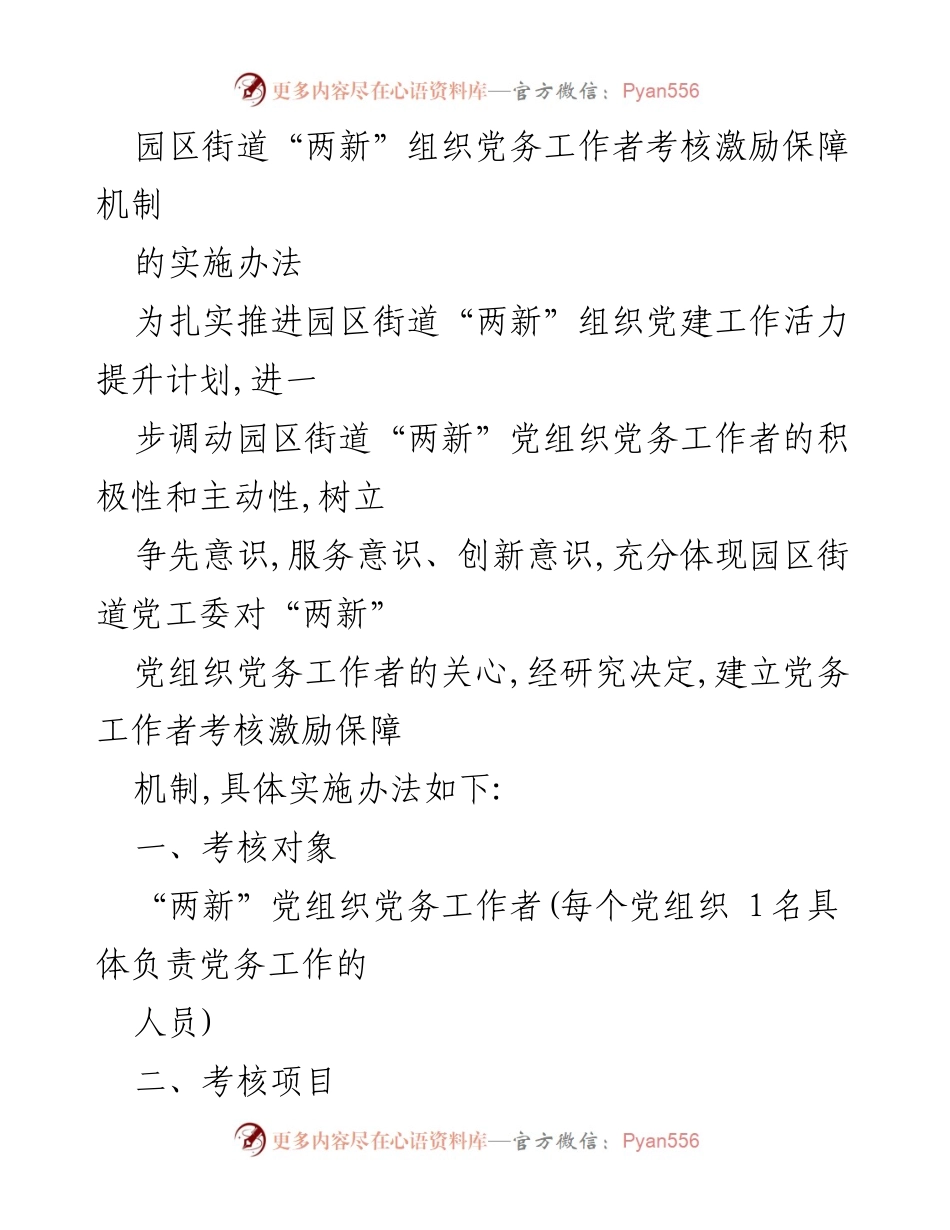 [工作总结] 党建工作 - 园区街道“两新”组织党务工作者考核激励保障机制实施办法.docx_第1页