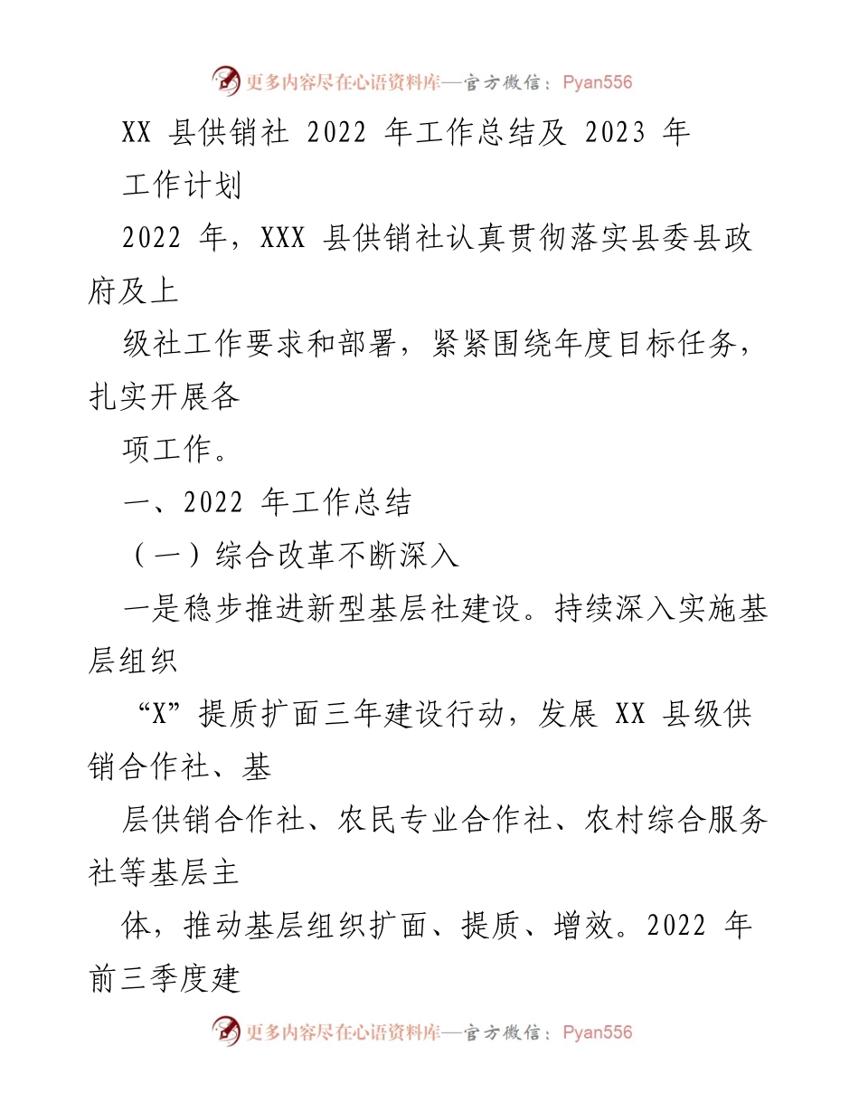 [工作总结] 供销社年度总结 - XX县供销社2022年工作总结与2023年工作计划.docx_第1页