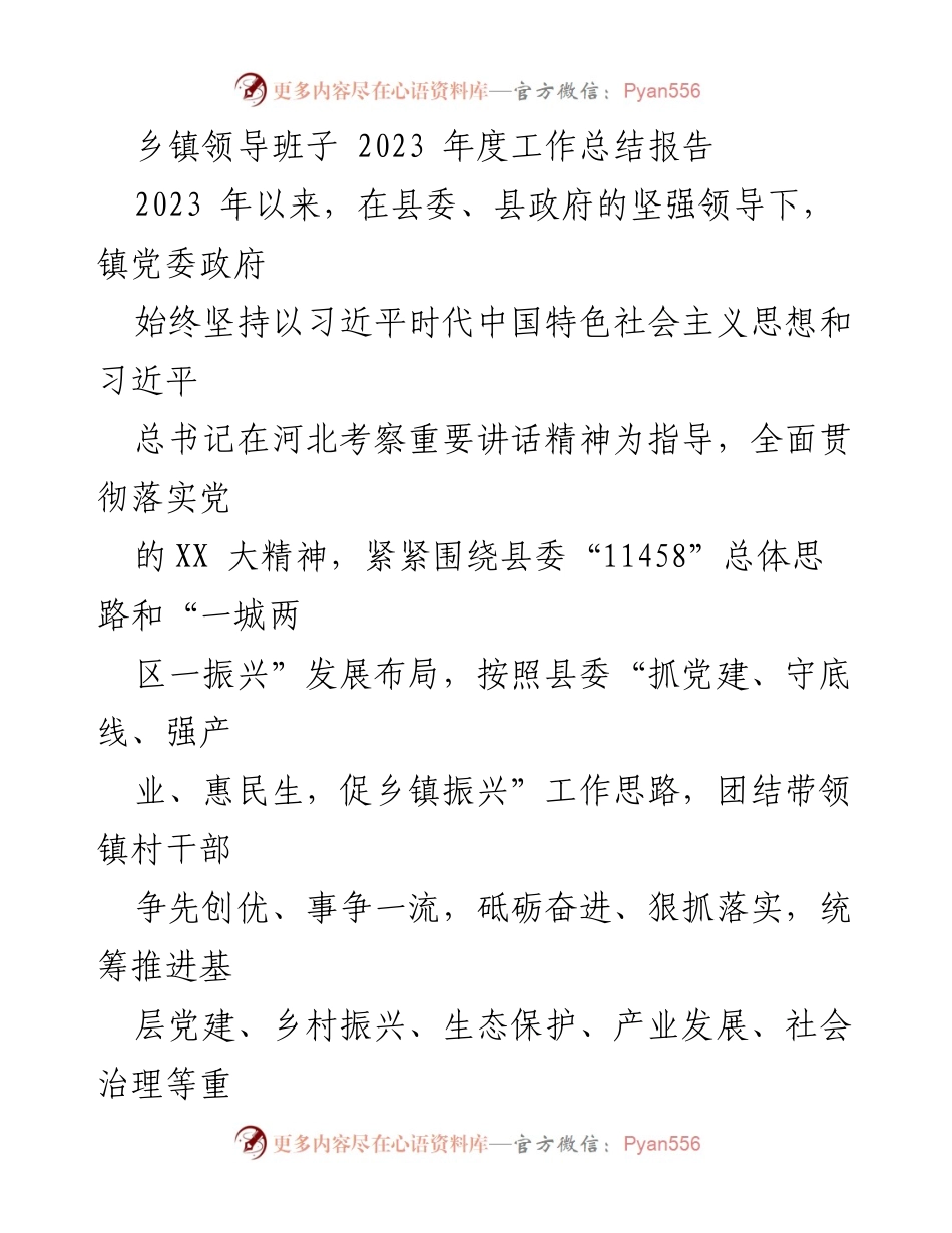 [工作总结] 乡镇领导班子 - 2023年度工作总结与发展成效分析.docx_第1页