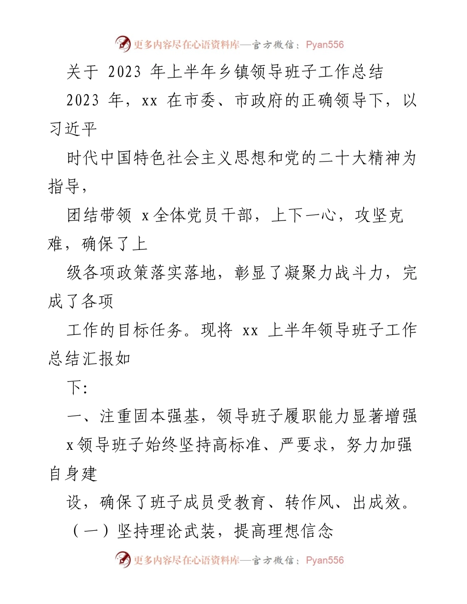 [工作总结] 乡镇领导班子 - 2023年上半年乡镇领导班子工作总结报告_1.docx_第1页