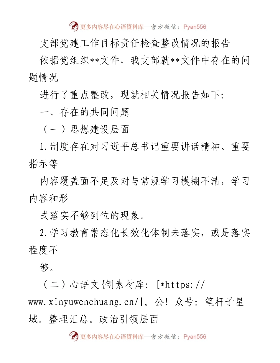 [工作总结] 党建工作 - 支部党建工作整改情况报告.docx_第1页
