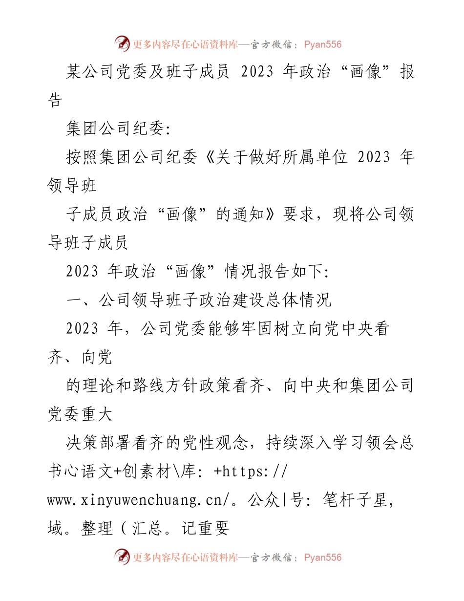 [工作总结] 党委政治“画像”报告 - 2023年公司领导班子政治建设情况总结_1.docx_第1页