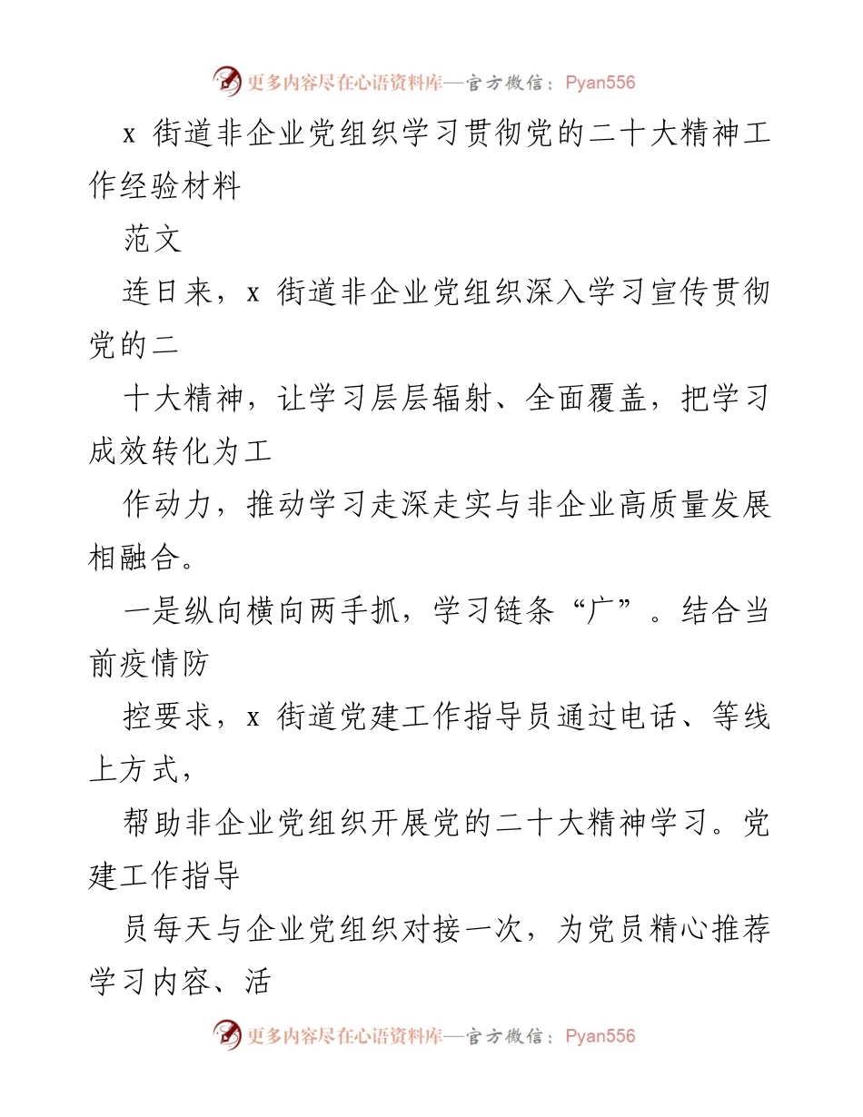 [工作总结] 党建工作 - 非企业党组织学习贯彻党的二十大精神的工作经验总结.docx_第1页