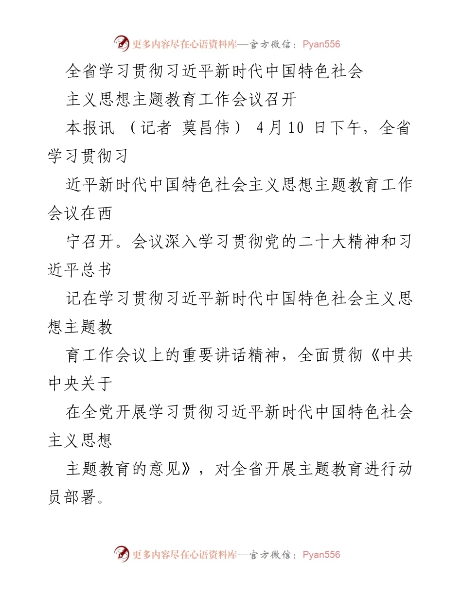 [工作总结] 会议 - 全省学习贯彻习近平新时代中国特色社会主义思想主题教育工作会议总结.docx_第1页