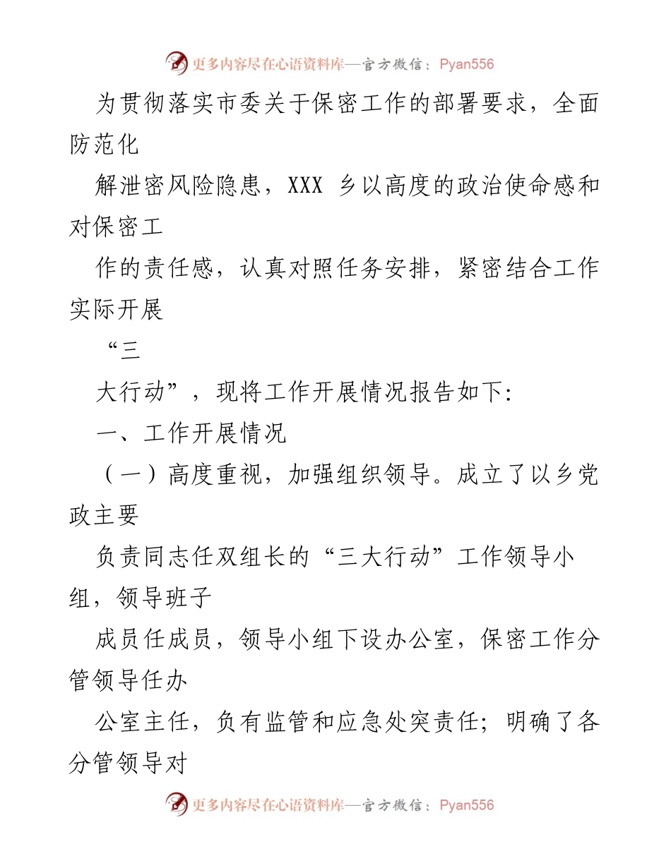 [工作总结] 保密工作会议 - XXX乡保密工作“三大行动”开展情况报告.docx_第1页